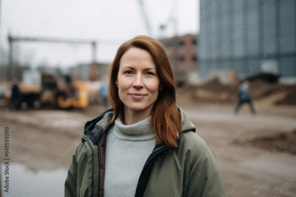 Portrait of a middle-aged woman in a green jacket against the background of a construction site.