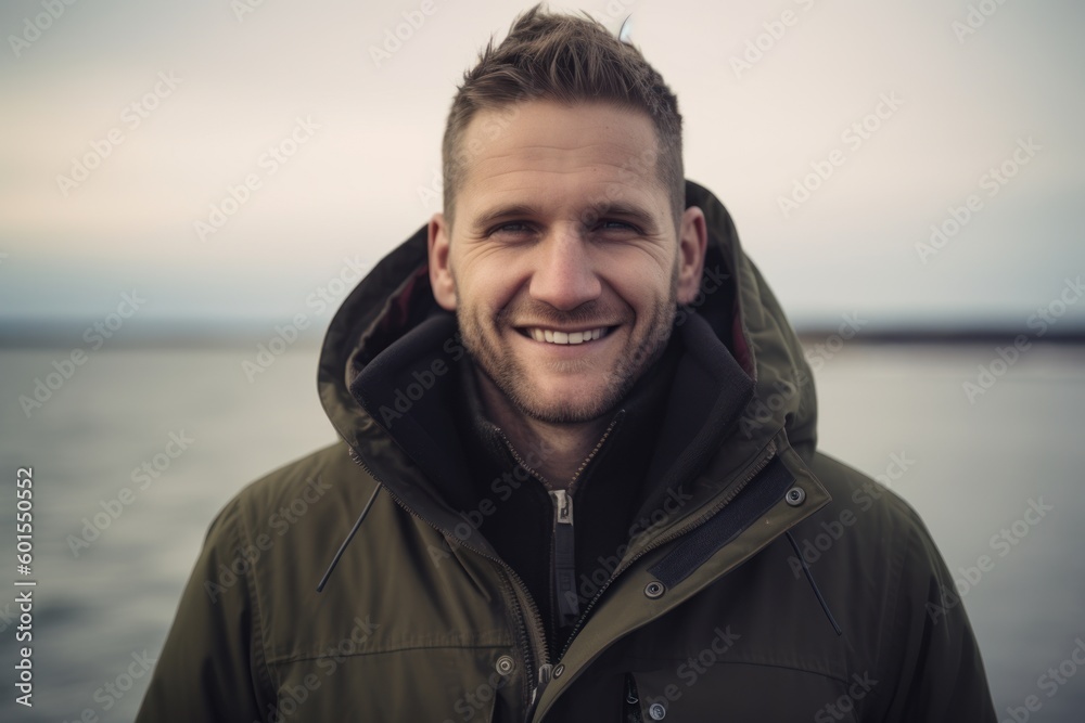 Portrait of a handsome young man in a warm jacket on the background of the sea. Portrait of a handsome young man in a warm jacket on the background of the sea.
