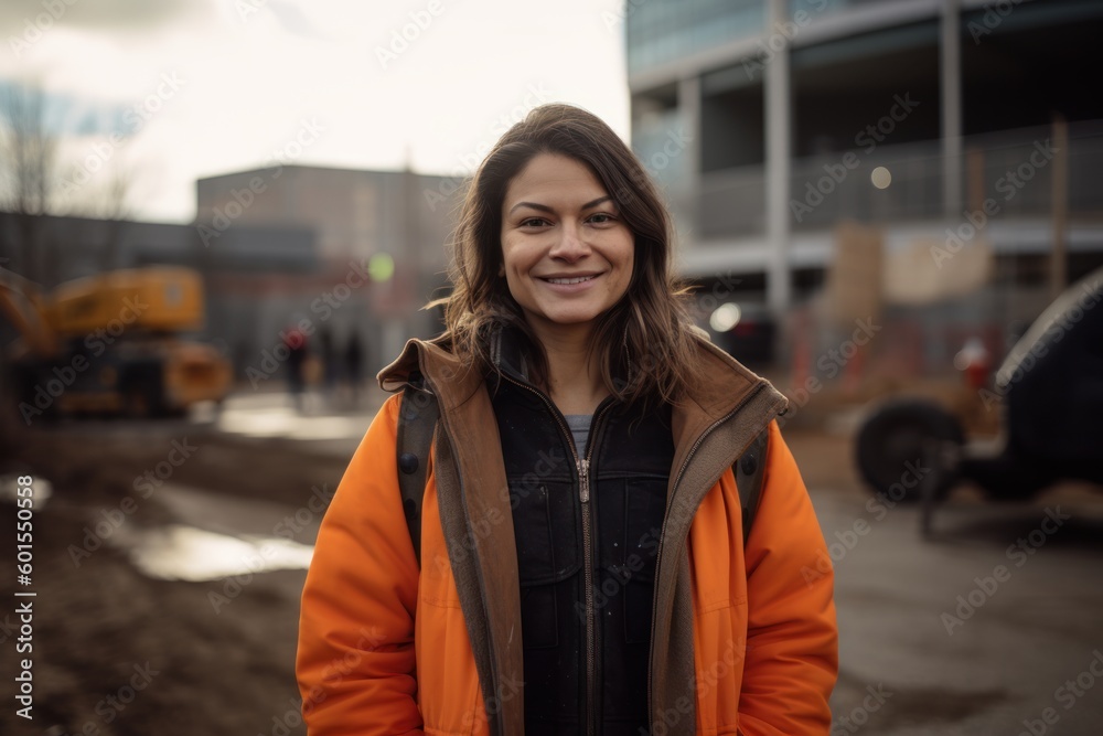Fototapeta premium Portrait of a beautiful young woman in an orange jacket on the background of a construction site
