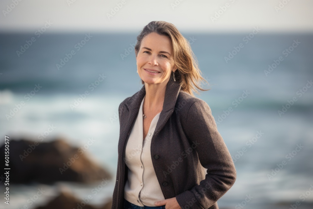 Portrait of smiling businesswoman standing with hands in pockets on the beach