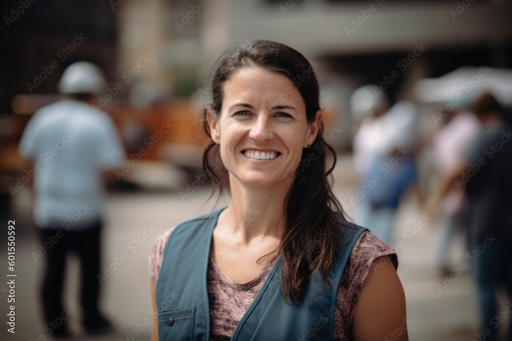 Portrait of a smiling woman standing in the street with blurred background Portrait of a smiling woman standing in the street with blurred background