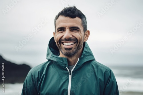 Portrait of a smiling young man in a green jacket standing on the beach