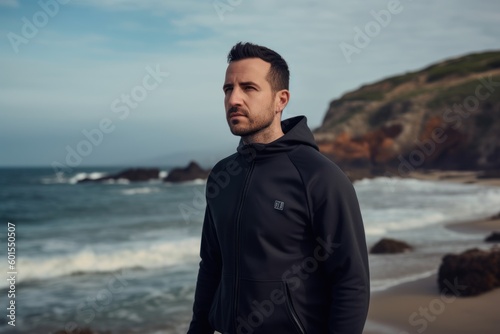 Portrait of a handsome young man in black sportswear on the beach