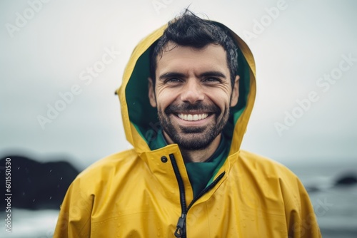 Portrait of a smiling man in a raincoat at the beach © Leon Waltz