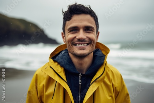 Portrait of a smiling man in a yellow raincoat at the beach © Leon Waltz