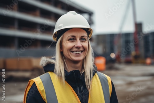 Portrait of a woman engineer in a helmet on the background of a construction site.