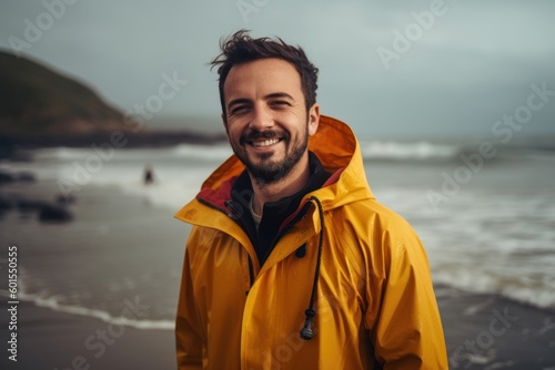 Portrait of a handsome young man in a yellow raincoat standing on the seashore © Leon Waltz