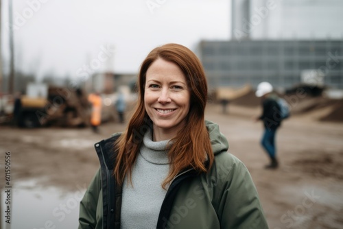 Portrait of a smiling red-haired woman in a green jacket on a construction site
