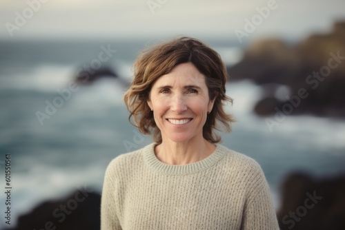Portrait of smiling mature woman standing against blurred sea on a sunny day © Leon Waltz