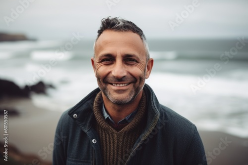 Portrait of handsome middle aged man smiling at camera on the beach