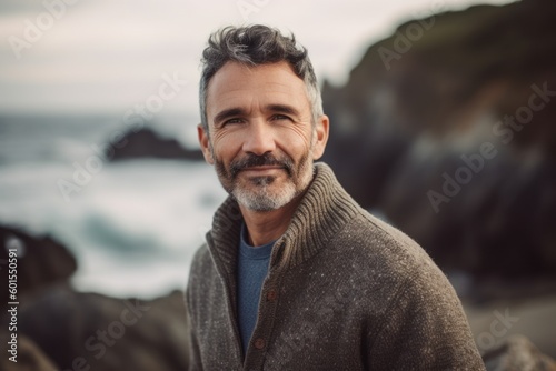 Portrait of a handsome middle-aged man with grey hair and beard wearing a sweater on the beach