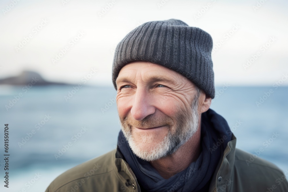 Portrait of smiling senior man at beach on a sunny day in winter Portrait of smiling senior man at beach on a sunny day in winter