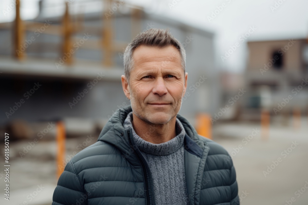 Portrait of a middle-aged man in a jacket on a construction site Portrait of a middle-aged man in a jacket on a construction site