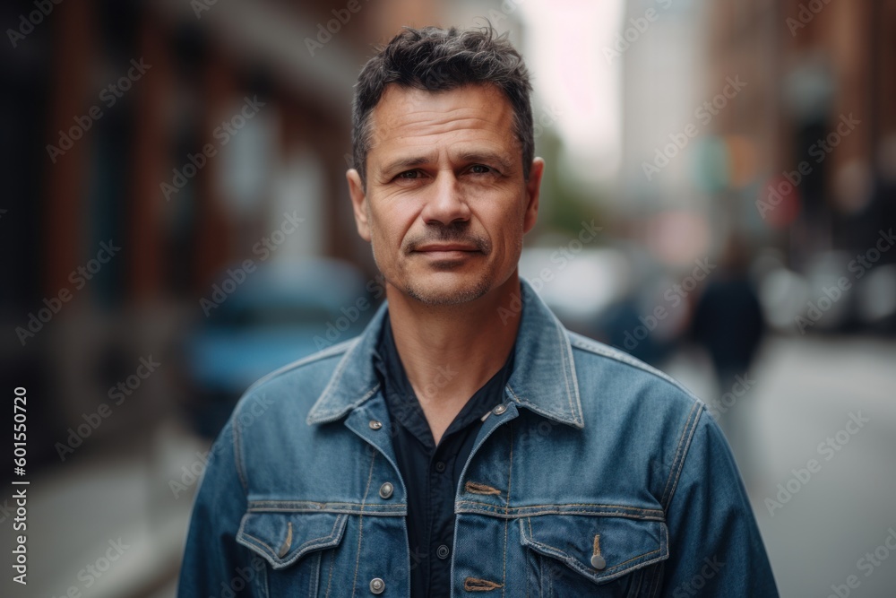 Fototapeta premium Portrait of a handsome middle-aged man in a denim jacket on the street.