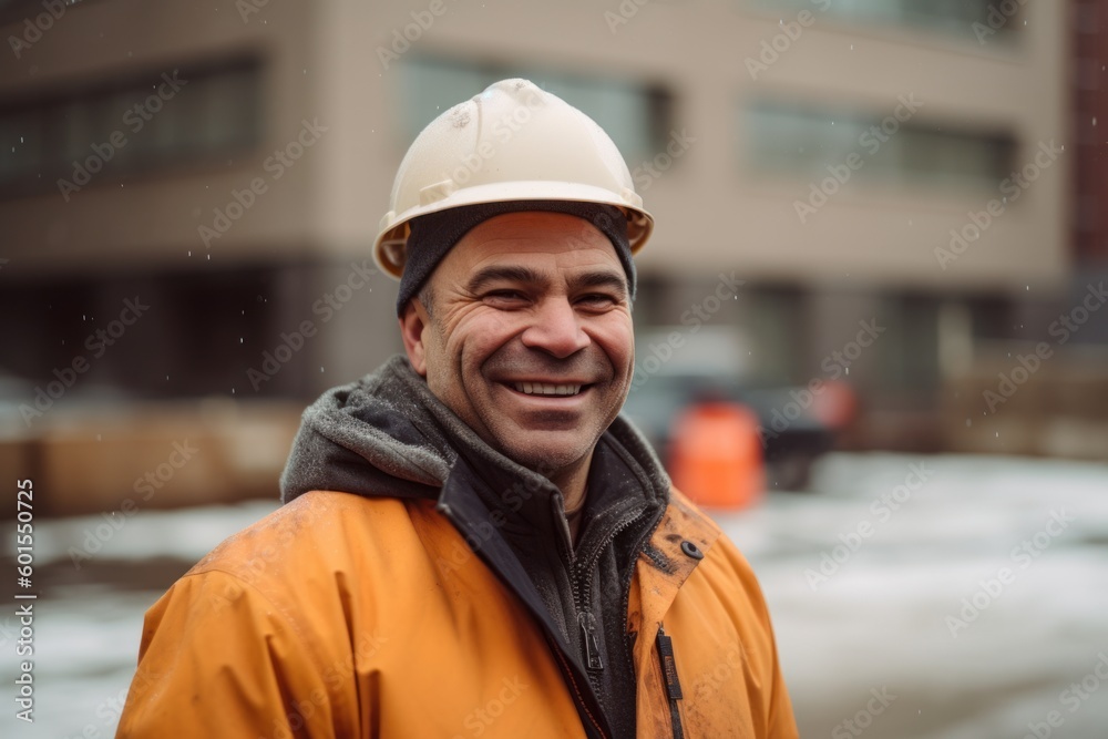 Portrait of a construction worker in a white helmet smiling and looking at the camera Portrait of a construction worker in a white helmet smiling and looking at the camera