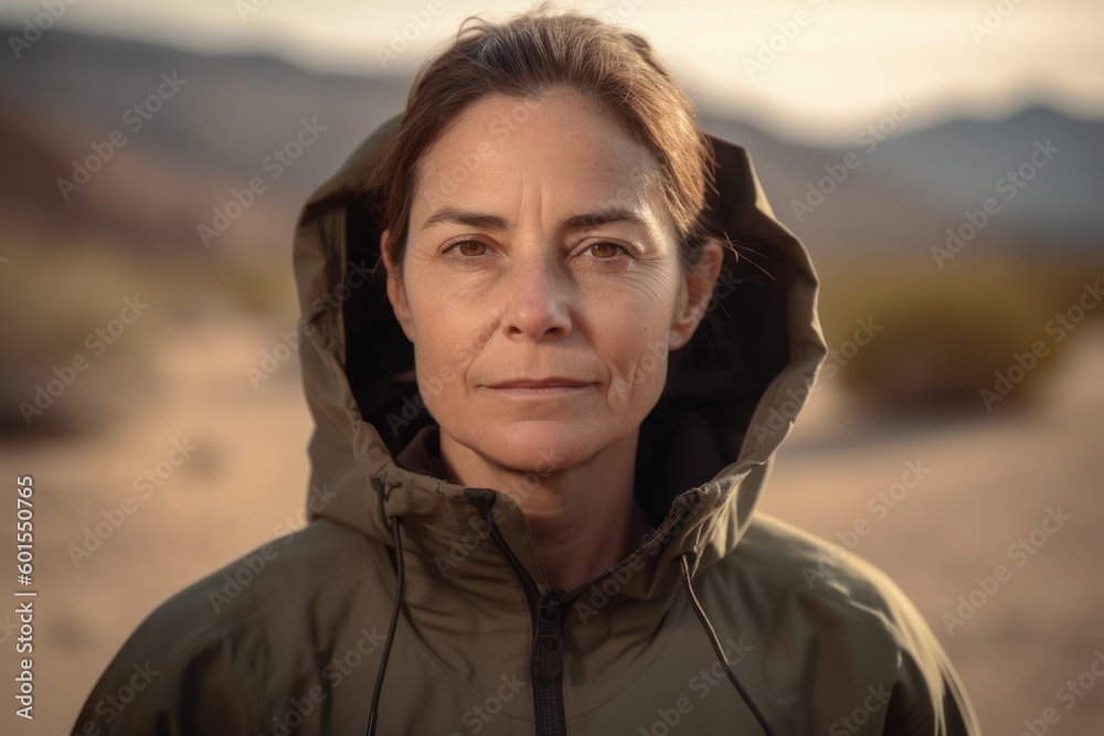 Portrait of mature woman in hooded jacket looking at camera in desert