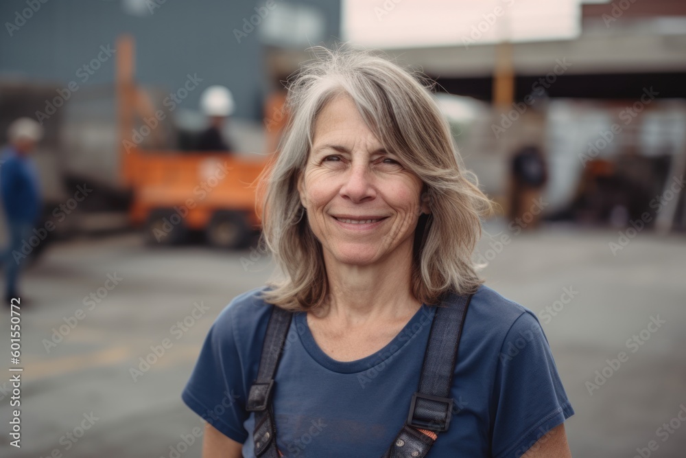 Portrait of a happy senior woman standing in a warehouse with forklift in the background
