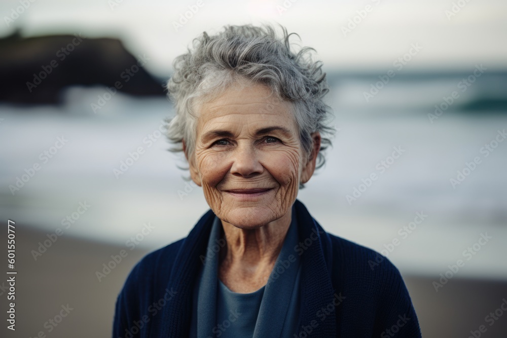 Portrait of smiling senior woman standing on beach at the day time Portrait of smiling senior woman standing on beach at the day time