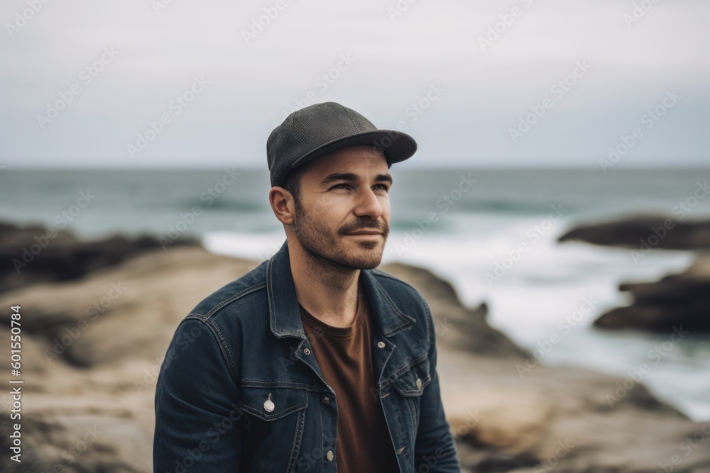 Full-length portrait photography of a satisfied man in his 20s wearing a cool cap or hat against a water or ocean background. Generative AI - obrazy, fototapety, plakaty 