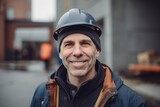 Portrait of a happy mature man worker with hardhat standing outdoors