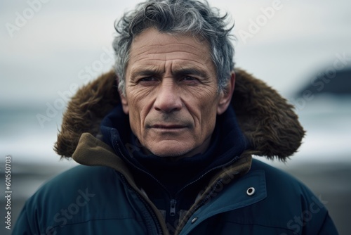 Portrait of senior man with grey hair wearing winter jacket outdoors.