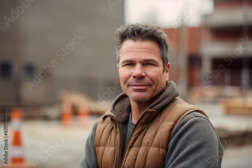 Portrait of handsome middle-aged man standing in front of construction site