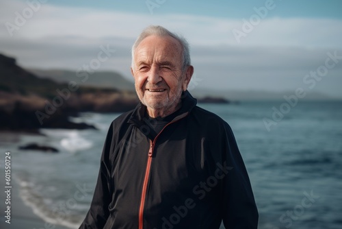 Portrait of a happy senior man standing by the sea at sunset