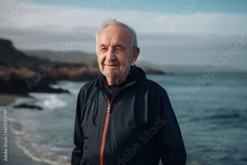Portrait of a happy senior man standing on the beach at sunrise