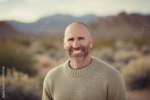 Portrait of a smiling man in the middle of a desert landscape
