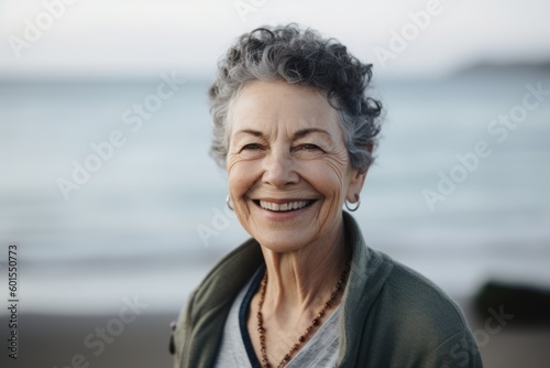 Portrait of senior woman smiling at camera on beach in the evening