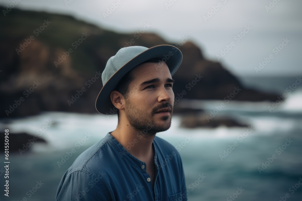 Full-length portrait photography of a satisfied man in his 20s wearing a cool cap or hat against a water or ocean background. Generative AI - obrazy, fototapety, plakaty 