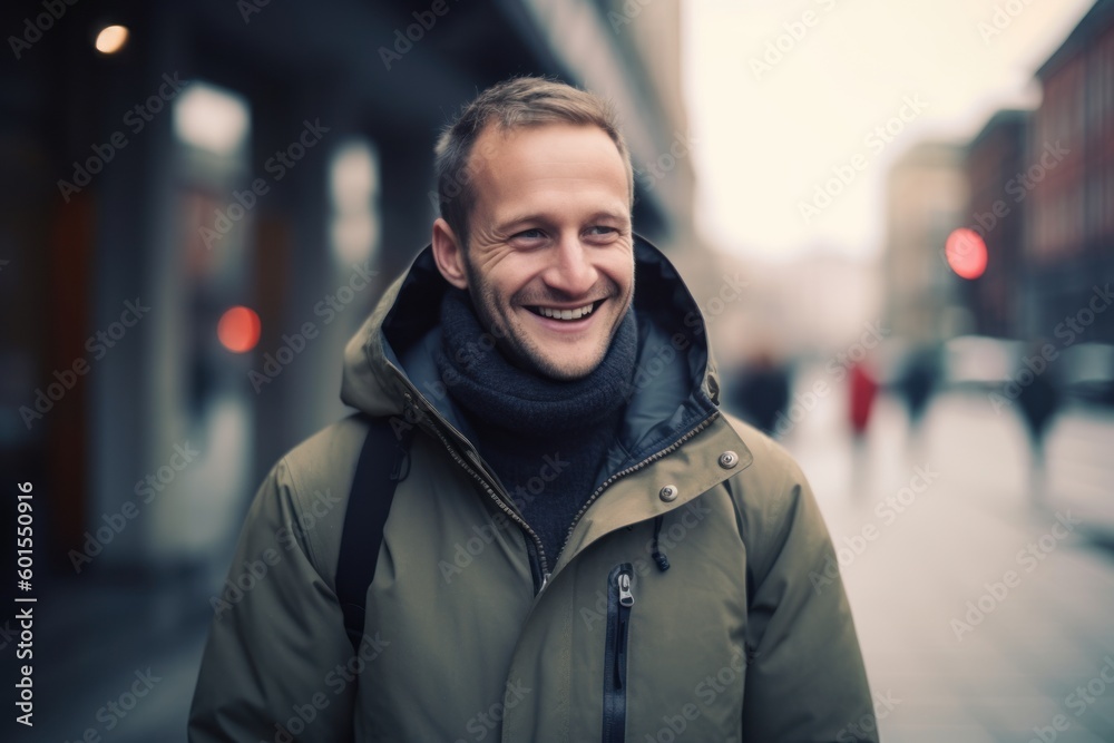 Portrait of a handsome smiling man in the city. He is wearing a green jacket. Portrait of a handsome smiling man in the city. He is wearing a green jacket.