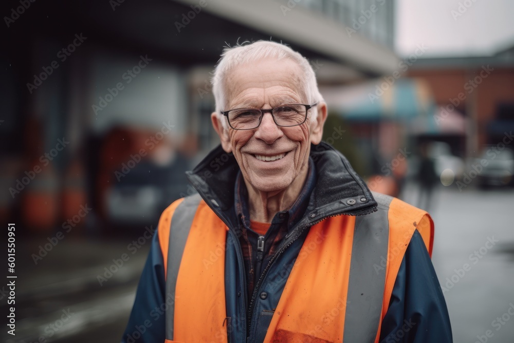 Portrait of an elderly man in a reflective vest and glasses. Portrait of an elderly man in a reflective vest and glasses.