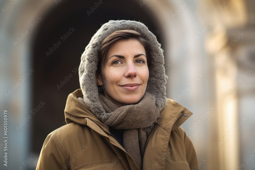 Portrait of a young woman in a coat and scarf looking at the camera Portrait of a young woman in a coat and scarf looking at the camera