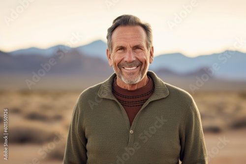 Lifestyle portrait photography of a pleased man in his 50s wearing a cozy sweater against a desert background. Generative AI
