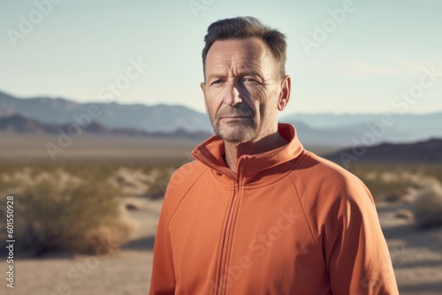 Portrait of a middle-aged man wearing an orange tracksuit in the desert