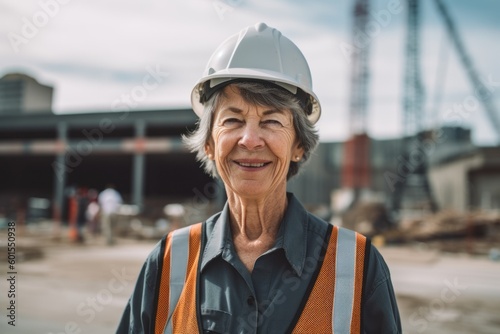 Portrait of a senior woman engineer on construction site. She is smiling.