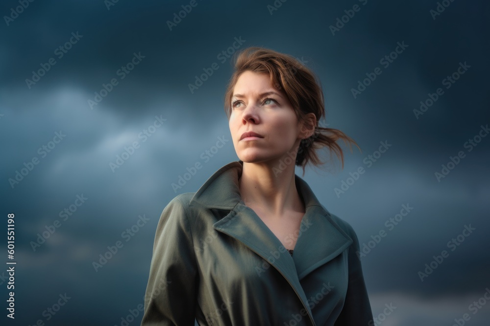Young woman in raincoat looking up with stormy sky on background Young woman in raincoat looking up with stormy sky on background