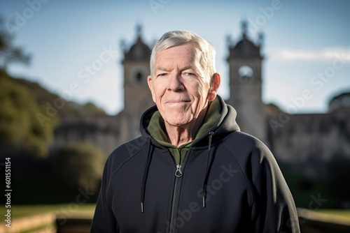 Portrait of senior man standing in front of a church in the countryside