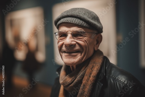 Portrait of an old man in a cap and scarf at the museum