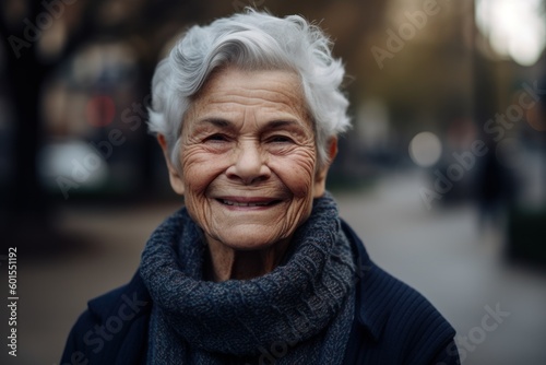 Portrait of a smiling senior woman with grey hair in the city