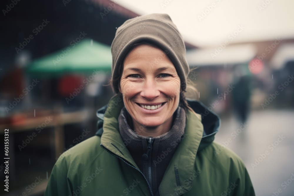 Portrait of a smiling woman in winter jacket at the street market Portrait of a smiling woman in winter jacket at the street market