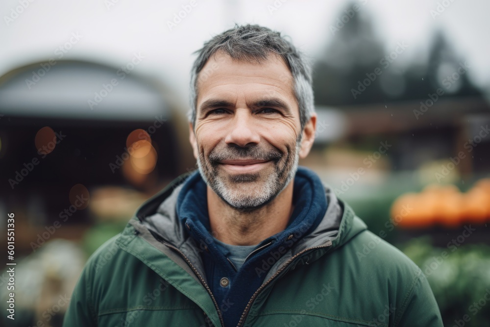 portrait of handsome middle-aged man smiling at camera at market portrait of handsome middle-aged man smiling at camera at market