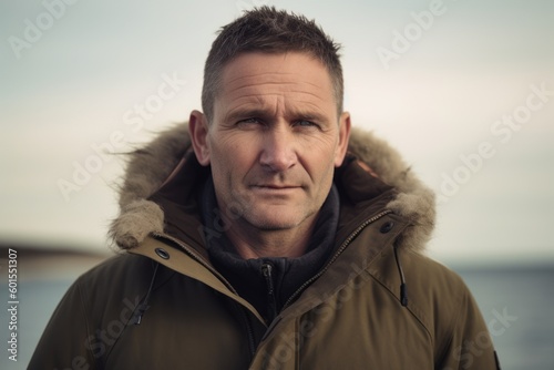 Portrait of a handsome middle-aged man wearing a warm jacket