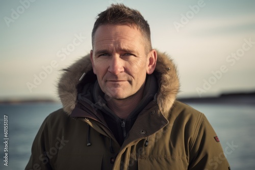 Portrait of a man in a warm jacket on the seashore