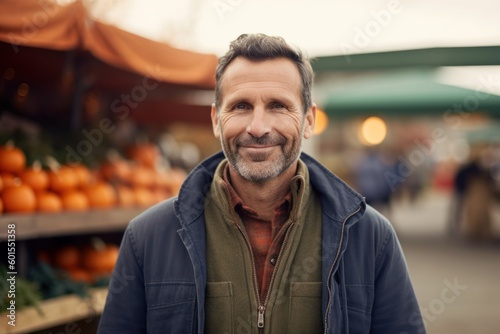 Portrait of smiling mature man standing in market and looking at camera