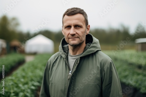 Portrait of a man in a green jacket standing in a vegetable garden