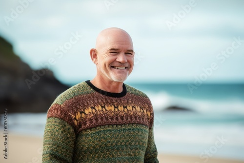 Portrait of a smiling senior man standing on the beach by the sea
