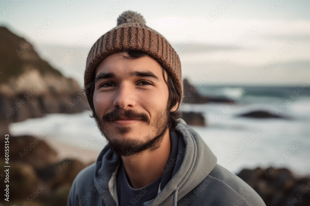 Portrait of a handsome young man in a hat and sweatshirt standing by the sea. Portrait of a handsome young man in a hat and sweatshirt standing by the sea.