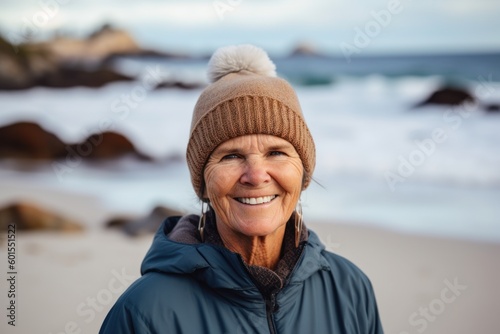 Portrait of smiling senior woman standing on beach at cold winter day